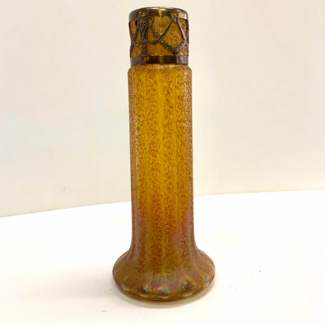 Traditional Vintage Amber Art Glass Vase With Brass Collar Mount For Sale - Image 3 of 10