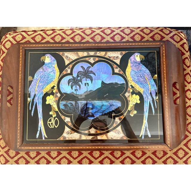 Vintage Brazilian Tray With Butterfly Wing Mosaic and Parrots For Sale - Image 9 of 9