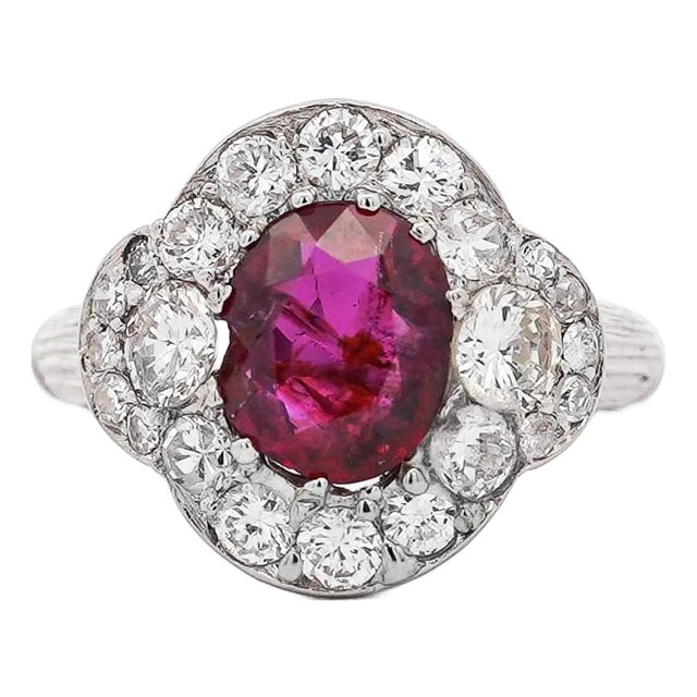 1950s Vintage Gia Cert. 2.3 Carat No Heat Burma Ruby & Diamond in Platinum Ring, Size 5.5 For Sale