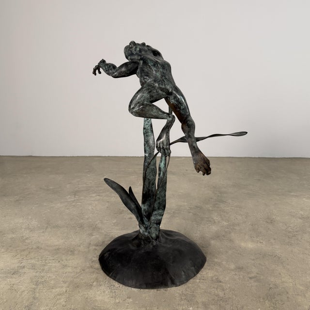 Large Jumping Frog Sculpture – Hand Cast Bronze Garden Accent, 32” Tall For Sale In Dallas - Image 6 of 10