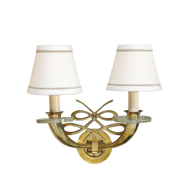 Jules Leleu Pair of Art Deco Jules Leleu Polished Brass & Glass Ribbon Sconces For Sale - Image 4 of 12