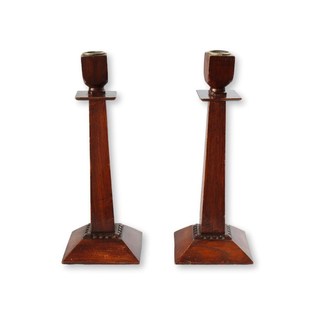 Antique Arts & Crafts English Oak Candlesticks For Sale - Image 4 of 5