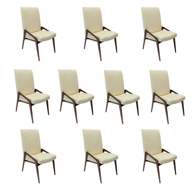 MidCentury Style Walnut Ivory Linen Dining Chairs Set of 10 Chairish