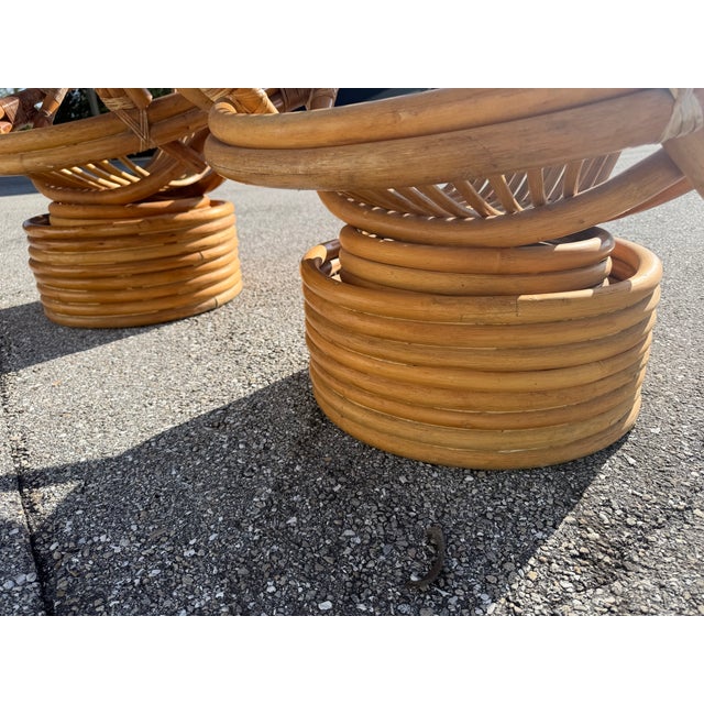 Vintage Rattan Swivel Rocker Lounge Chairs and One Ottoman Set For Sale - Image 10 of 18