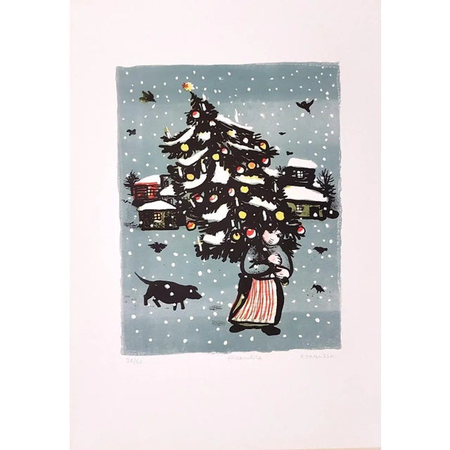 Fine colored lithograph, representing a child with the Christmast three. Numbered, titled and hand-signed with pencil on...