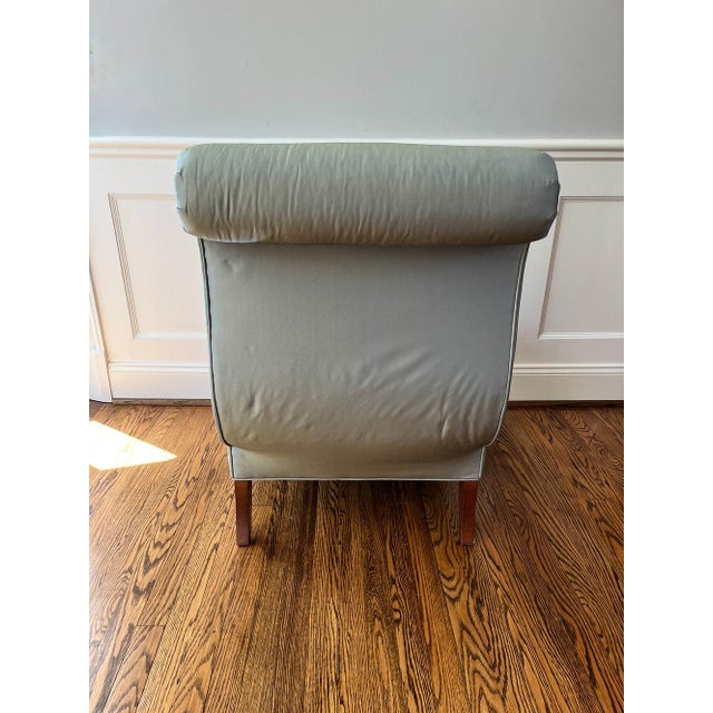 Pair of Barbara Barry for Baker Celadon Silk, Scroll Back Slipper Chairs For Sale - Image 12 of 12