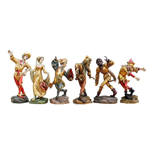 Set of 6 1970s Morisken Dancers, Munich Hand-Carved Wood Figures, Signed Virgil Oberpacher For Sale