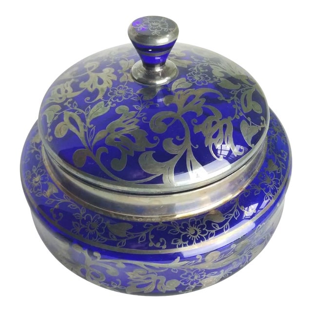 1920s Blue Glass and Silver Floral Overlay Bowl With Lid For Sale