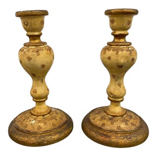 Vintage Gilded, Distressed Wood Candle Holders Made in Italy - a Pair For Sale