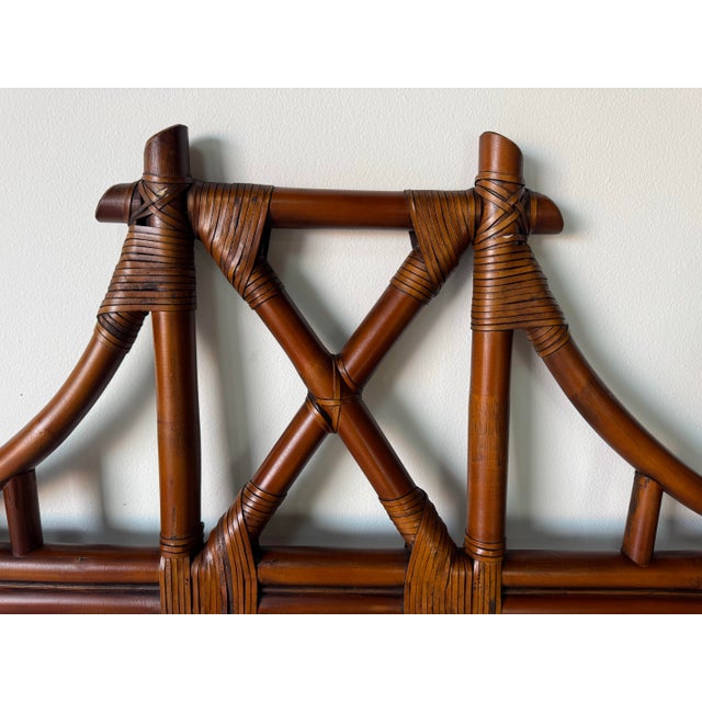Brown Pair of Vintage McGuire-Style Rattan Headboards With Leather Wrapped Bindings For Sale - Image 8 of 14
