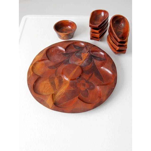 Mid-Century Tropical Carved Wood Serving Tray Set - Set of 10 For Sale - Image 6 of 10
