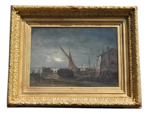 Joseph Suchet, Night Seaside Landscape, Marseille, Oil on Panel, 19th Century, Framed