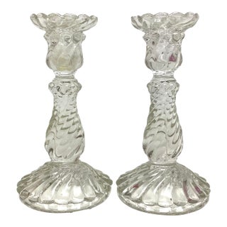 Pair Baccarat 8” Heavy Crystal Bambous Swirl Candlesticks Candle Holders For Sale