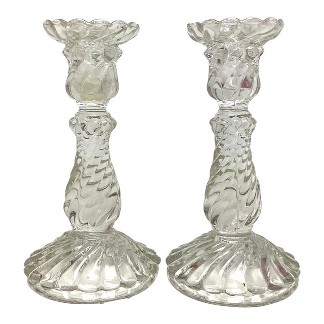 Pair Baccarat 8” Heavy Crystal Bambous Swirl Candlesticks Candle Holders For Sale