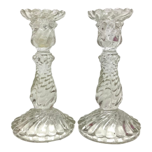 Pair Baccarat 8” Heavy Crystal Bambous Swirl Candlesticks Candle Holders