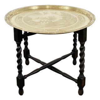 Vintage Engraved Blue Willow Pattern Brass Tray Table For Sale