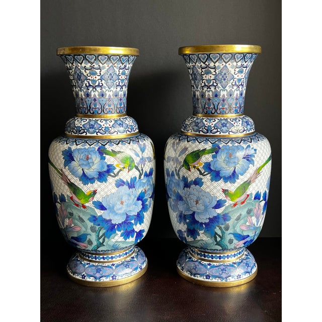 Late 20th Century Rare Pair of Large Chinese Ming Style Blue and White Cloisonné Vases For Sale - Image 5 of 12