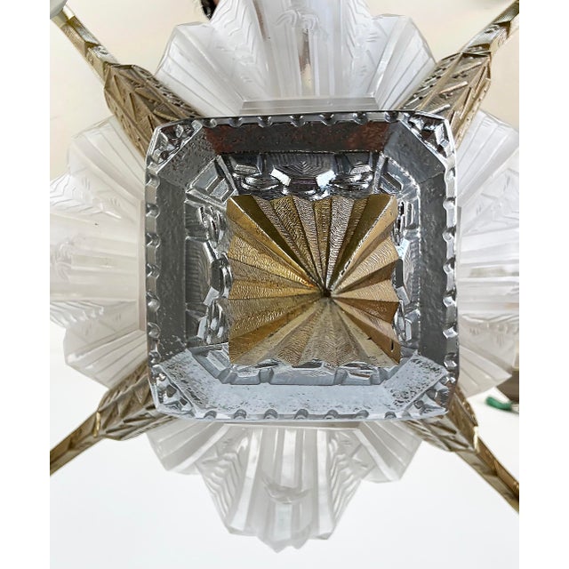 1930s Art Deco Gilt, Silvered Bronze Chandelier, Frosted Glass Shades For Sale - Image 13 of 14