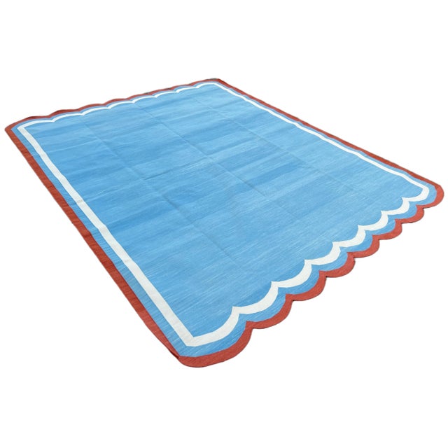 Mid-Century Modern Handmade Cotton Area Rug Natural Vegetable Dyed Flat Weave Sky Blue Scalloped Rug Terracotta Border - 10'x14' For Sale - Image 3 of 11
