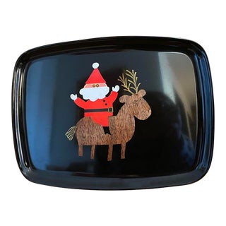 Vintage Couroc of Monterey Christmas Tray With Santa & Reindeer For Sale