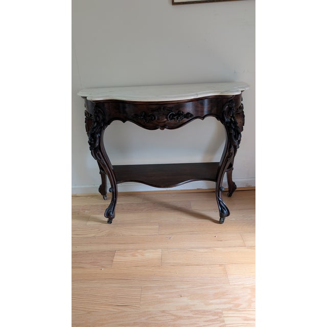 Wood Antique Mahogany Bombe Marble Top 2-Tiered Console/ Sofa Table For Sale - Image 7 of 12