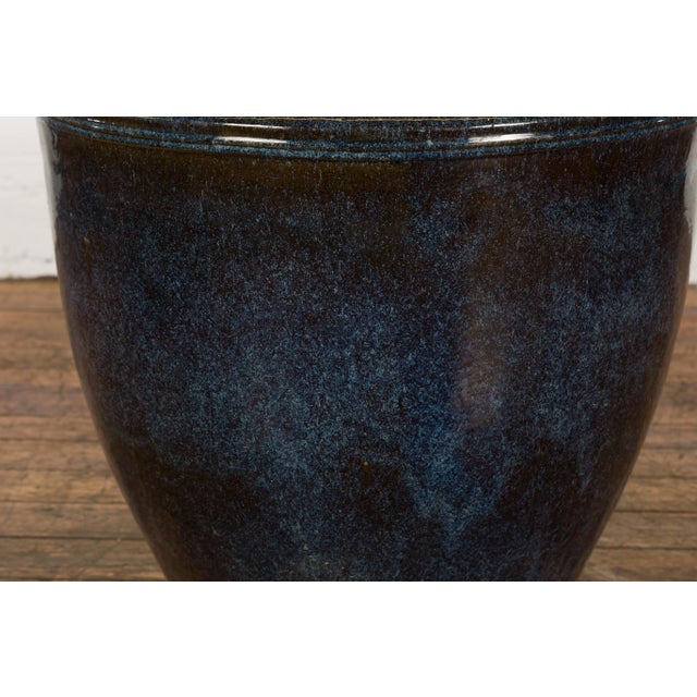 Black Thai Vintage Oversized Shigaraki Style Namako Glazed Planter with Wave Effects For Sale - Image 8 of 13