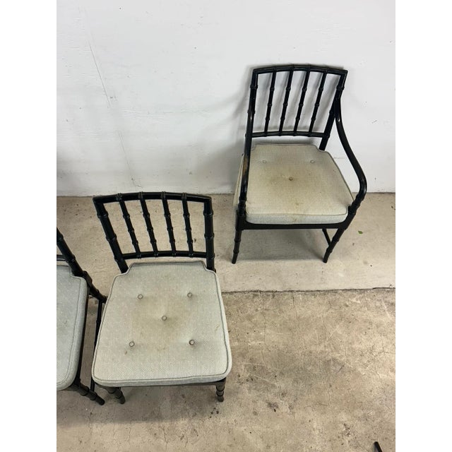 1960s Set of 4 Mid Century Faux Bamboo Dining Chairs With Caned Seat & Tufted Cushions For Sale - Image 5 of 12