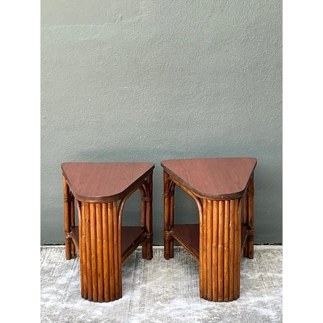 Vintage Rattan Pie Slice Side Tables After Frankl For Sale In West Palm - Image 6 of 15
