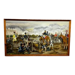 1970s Oil Painting Battle Waterloo Redcoats Against French Imperial Guard Napoleon & Ney Overlooking