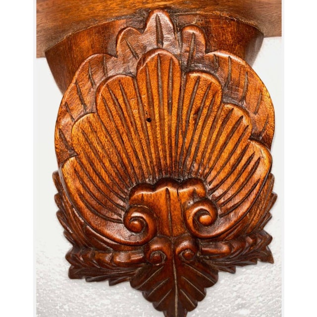 Pair of Vintage Mid-Century Hand-Carved Wooden Wall Shelves Features an Ornate, Deeply Detailed Scalloped Shell Design With a Rich, Warm Wood Finish. For Sale In Greensboro - Image 6 of 15