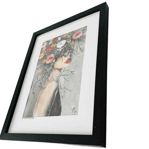Plastic Acrylic Painting Fleur De La Nuit Woman with Flowers in Wood Veneer Frame For Sale - Image 7 of 8