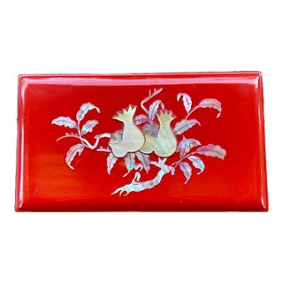 Vintage Japanese Red Lacquer Smoking Box With Mother-of-Pearl Pomegranate Inlay, KBS-Tv Presentation Piece, 1963 For Sale