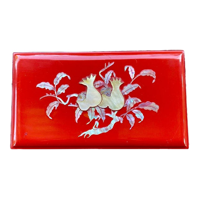 Vintage Japanese Red Lacquer Smoking Box With Mother-of-Pearl Pomegranate Inlay, KBS-Tv Presentation Piece, 1963 For Sale