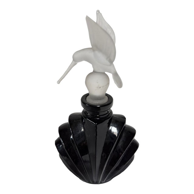 Art Deco Black Glass Perfume Bottle With Hummingbird Stopper For Sale