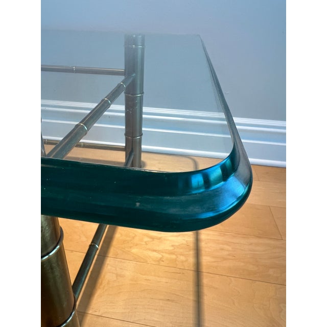 Metal 1970s Faux Bamboo Aged Brass and Beveled Glass Coffee Table Attributed to Mastercraft For Sale - Image 7 of 13