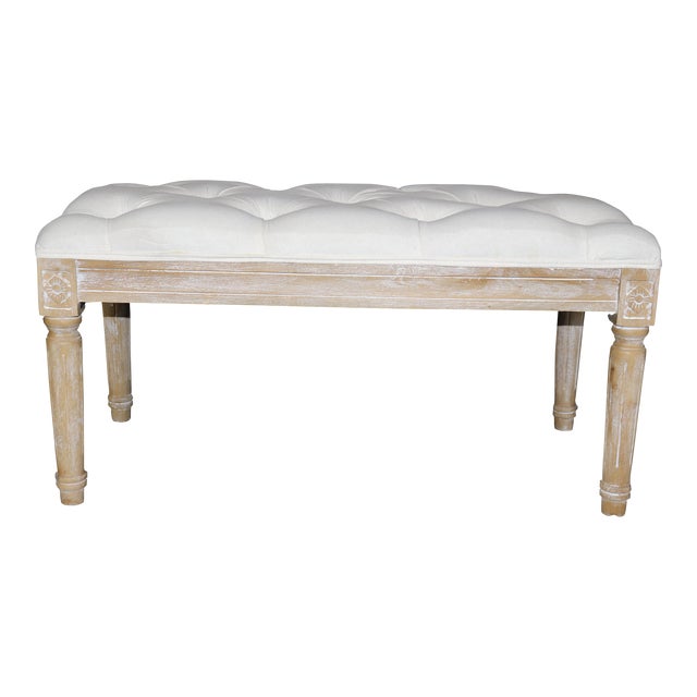 Restoration Hardware Style Bleached Tufted Upholstered Louis XVI Style Bench For Sale