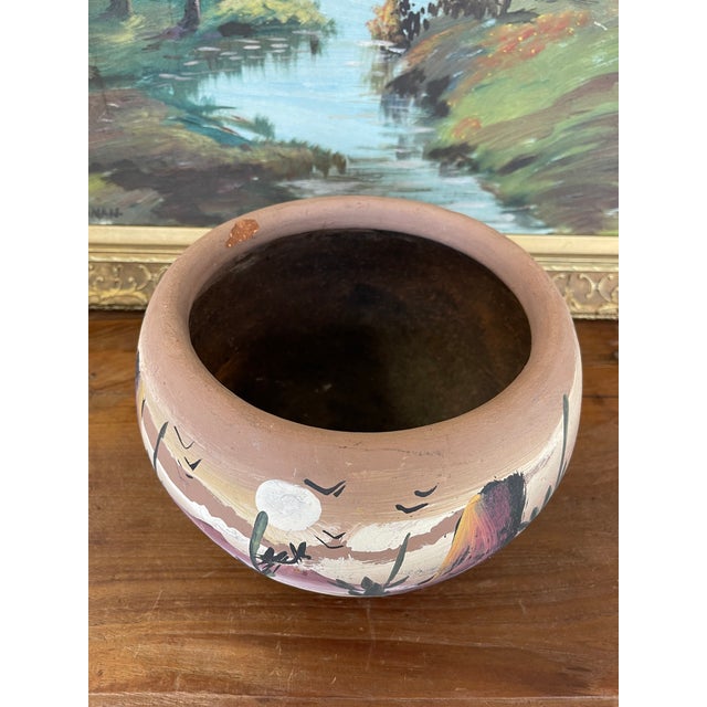Hand-Painted Terracotta Desert Landscape Pot Marked "Mexico" For Sale - Image 9 of 9