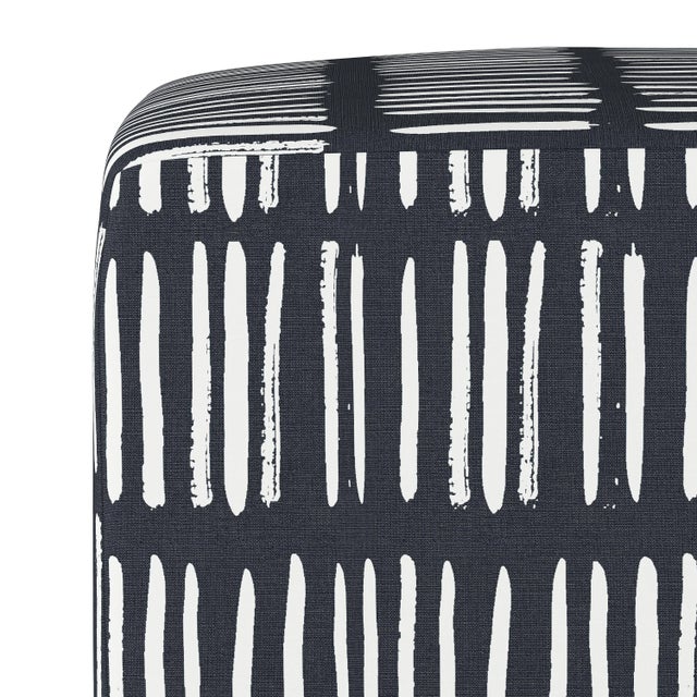 Contemporary Cube Ottoman in Navy Dash Print For Sale - Image 3 of 5