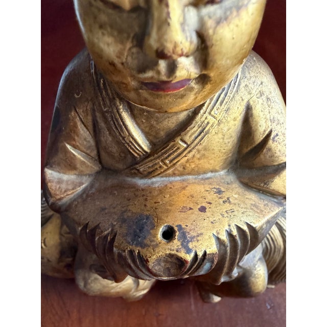 Wood Chinese Carved Wooden Quan Yin or Ancestor Figure on Foo Dog Incense Holder. Beautiful Carving Sang De Bouef Undertones With Gold Overlay. For Sale - Image 7 of 10