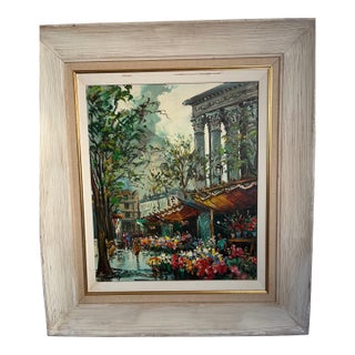 Mid 20th Century Paris Flower Market Oil Painting For Sale