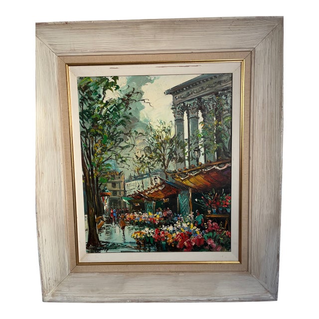 Mid 20th Century Paris Flower Market Oil Painting For Sale