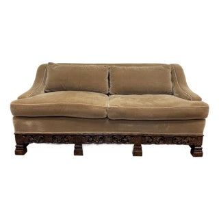 Early 20th C European Carved Wood Mohair Down Cushion Sofa For Sale