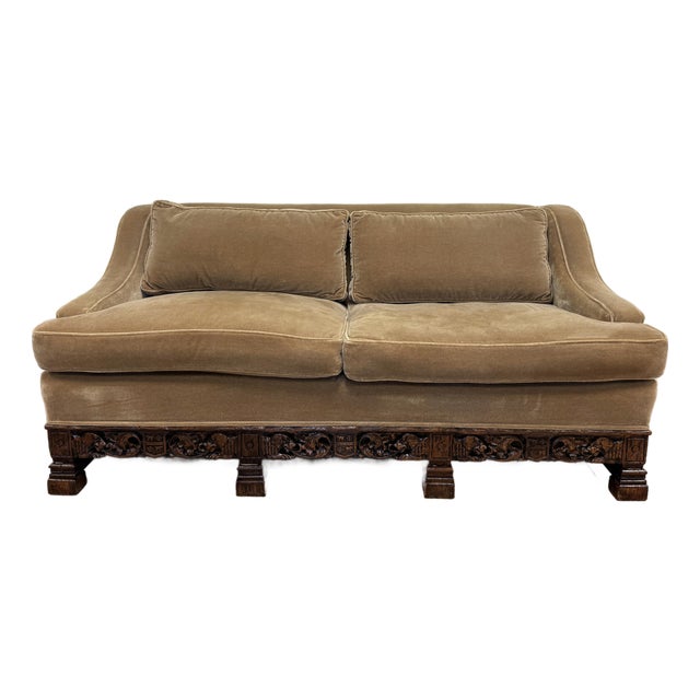 Early 20th C European Carved Wood Mohair Down Cushion Sofa For Sale