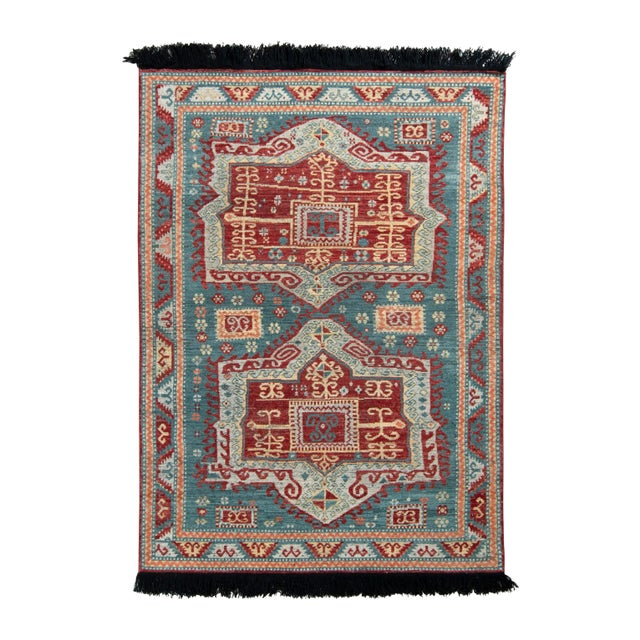 Tribal Rug & Kilim Tribal Style Rug, Blue and Red Geometric Pattern, 4x6 For Sale - Image 3 of 3