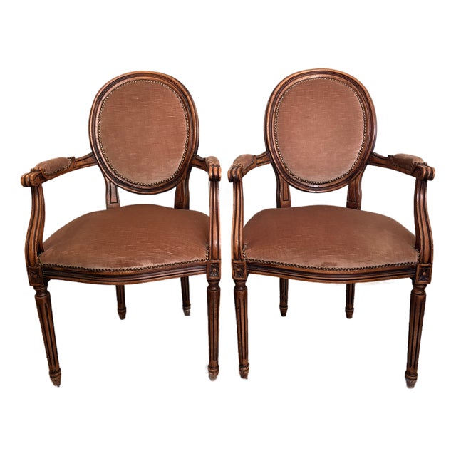 Pair of Vintage Louis XVI Style Carved Fauteuil Armchairs in Salmon Velvet For Sale