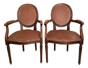 Pair of Vintage Louis XVI Style Carved Fauteuil Armchairs in Salmon Velvet