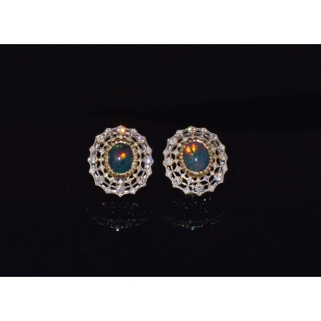 Certified Natural 4.41Cts VS F Diamond Black Opal 18K Solid Gold Cocktail Earrings, A Pair For Sale - Image 4 of 10