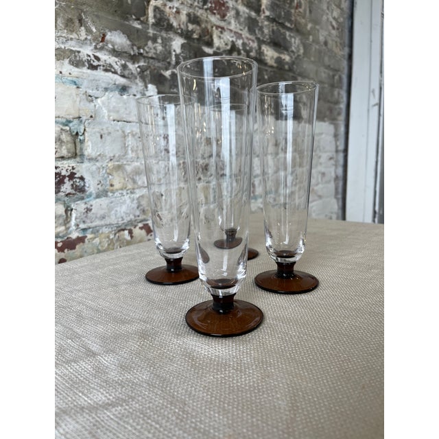 Mid-Century Modern Amber Base Champagne Flutes – Set of 4 For Sale - Image 3 of 7