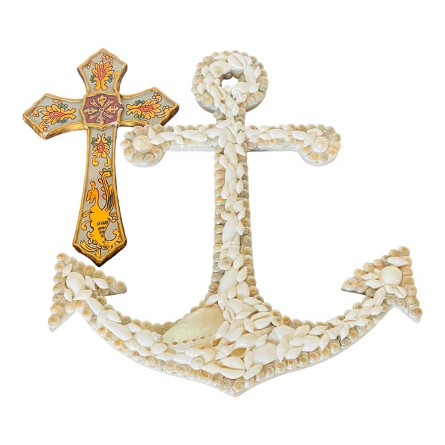 1960s Sailors Valentines Sea Shell Anchor and Spanish Cross For Sale