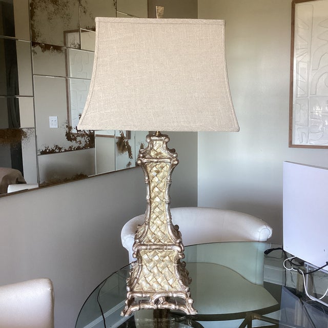 Chinoiserie Vintage Italian Pagoda Style Lamp With Linen Shade For Sale - Image 3 of 5